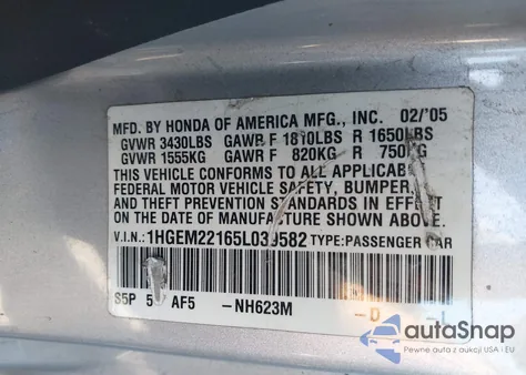 2005 Honda Civic Vp from USA, damaged, VIN 1HGEM22165L039582